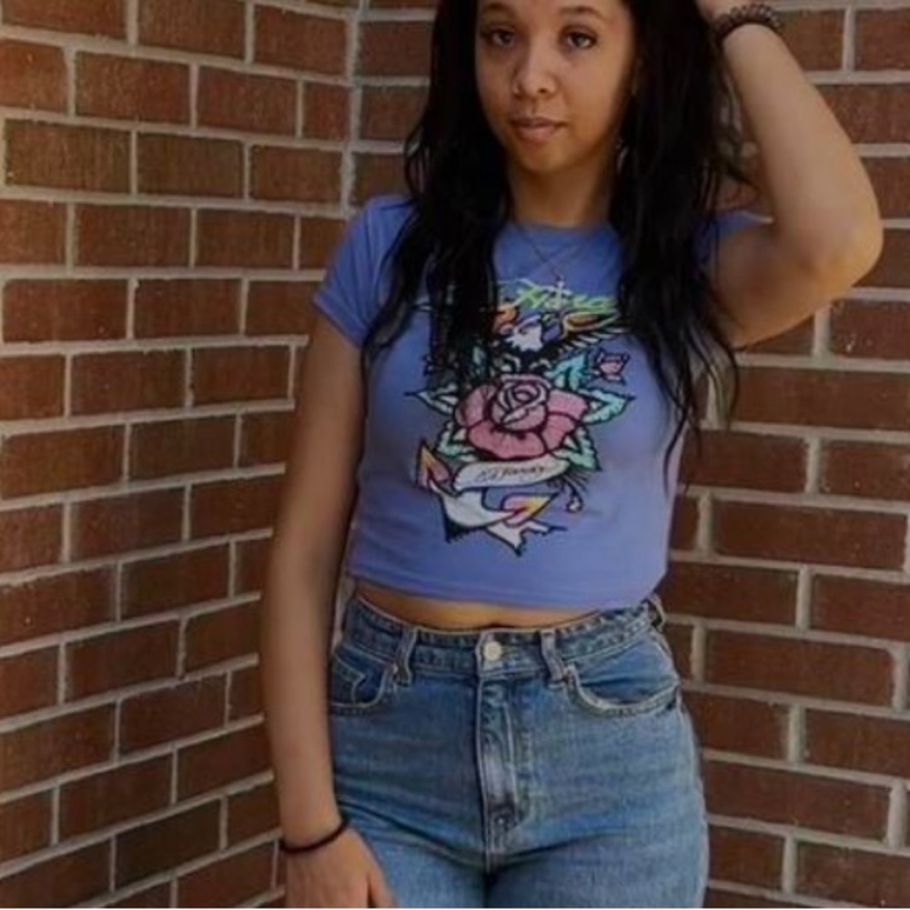 Ed Hardy Blue Graphic Crop Top